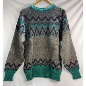 VTG Hilda LTD Pure Wool Fair Isle Icelandic Sweater Men Teal Grey Purple Large